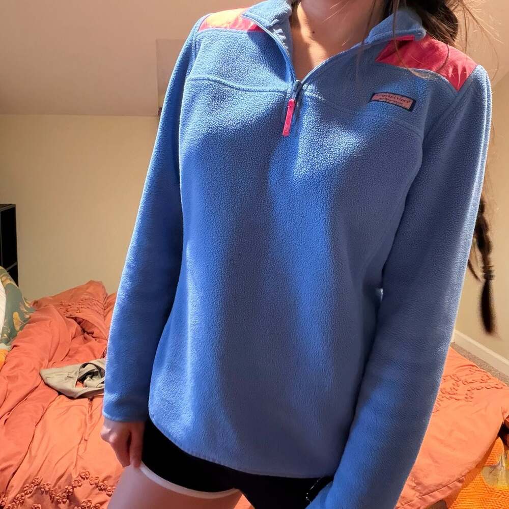 Vineyard Vines Women's Blue and Pink Quarter-Zip Fleece Shep Shirt
